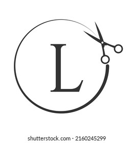 Logo de corte de salon y pelo en la letra L. Icono de tijera con concepto de logotipo