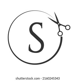 Salon and Hair Cutting Logo on Letter S Sign. Scissors Icon with Logotype Concept