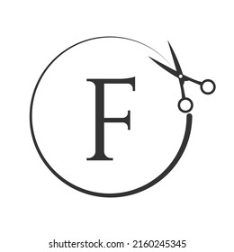 Logo de corte de salon y pelo en la letra F. Icono de tijera con concepto de logotipo