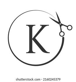 Salon and Hair Cutting Logo on Letter K Sign. Scissors Icon with Logotype Concept