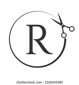 Salon and Hair Cutting Logo on Letter R Sign. Scissors Icon with Logotype Concept