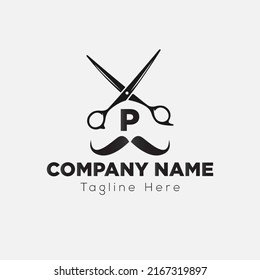 Salon and Hair Cutting Logo on Letter P Sign. Barber Shop Icon with Logotype Concept