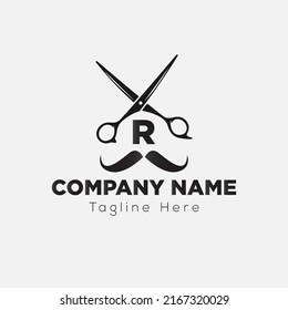 Salon and Hair Cutting Logo on Letter R Sign. Barber Shop Icon with Logotype Concept