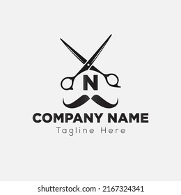 Salon and Hair Cutting Logo on Letter N Sign. Barber Shop Icon with Logotype Concept
