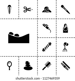 Salon icon. collection of 13 salon filled icons such as mirror, hair curler, hair dryer, nail, woman in spa, spa stone, spa stones. editable salon icons for web and mobile.