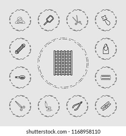 Salon icon. collection of 13 salon outline icons such as hair brush, mirror, hair curler, nail, woman in spa, sawing, hair barrette. editable salon icons for web and mobile.