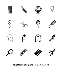 Salon icon. collection of 16 salon filled and outline icons such as mirror, barber scissors, hair curler, sawing, comb, hair brush. editable salon icons for web and mobile.