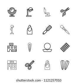 Salon icon. collection of 16 salon outline icons such as mirror, hair brush, barber scissors, hair curler, nail, powder, spa building. editable salon icons for web and mobile.