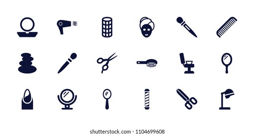 Salon Icon. Collection Of 18 Salon Filled Icons Such As Mirror, Comb, Hair Brush, Barber Scissors, Barber Chair, Spa Stones, Nail. Editable Salon Icons For Web And Mobile.