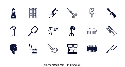 Salon icon. collection of 18 salon filled and outline icons such as comb, mirror, sawing, hair dryer, face, barber chair, nail. editable salon icons for web and mobile.
