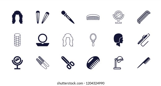 Salon icon. collection of 18 salon filled and outline icons such as comb, powder, hair barrette, face, mirror, hairstyle, nail sawing. editable salon icons for web and mobile.
