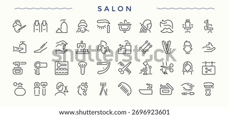 Salon icon collection. Barber icon set. Icons for application. Contain linear sign grooming, hairstyle, barber, hair salon and more. Pixel perfect. Editable stroke.