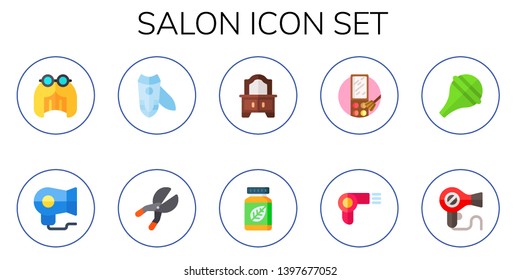 salon icon set. 10 flat salon icons.  Collection Of - wig, hair dryer, nail clippers, shears, mirror, herbal, makeup, hairdryer, nasal aspirator