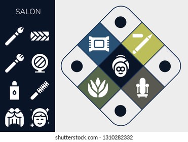 salon icon set. 13 filled salon icons.  Simple modern icons about  - Spa, Wig, Makeup, Body oil, Comb, Mirror, Plait, Eyeliner, Makeup remover, Aloe vera