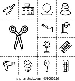 Salon icon. set of 13 outline salonicons such as barber scissors, hair dryer, salon hair dryer, spa stones, hair curler, mirror, powder