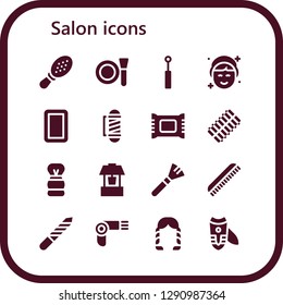  salon icon set. 16 filled salon icons. Simple modern icons about  - Comb, Make up, Mirror, Makeup, Barber, Makeup remover, Hair curler, Shaving brush, Well, Nail file, Hairdryer