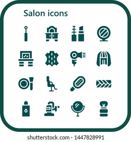 salon icon set. 16 filled salon icons.  Collection Of - Mirror, Make up, Vanity, Skin, Hair dryer, Wig, Salon chair, Comb, Plait, Body oil, Polisher, Shaving brush