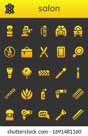 salon icon set. 26 filled salon icons.  Simple modern icons such as: Shaving brush, Skin, Polisher, Barber, Wig, Mirror, Aerosol, Cosmetics, Shears, Hand mirror, Makeup, Plait