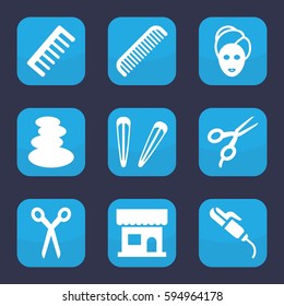 salon icon. Set of 9 filled salon icons such as barber scissors, comb, beauty salon, spa stones, spa mask, hair barrette
