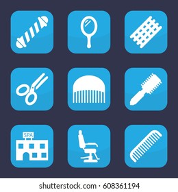 Salon icon. set of 9 filled salon icons such as mirror, comb, hair brush, barber chair, hair curler, spa building