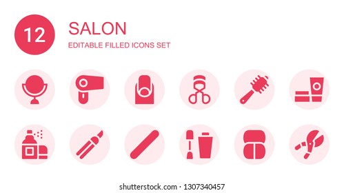 salon icon set. Collection of 12 filled salon icons included Mirror, Hair dryer, Nails, Eyelashes curler, Comb, Aerosol, Shears, Nail file, Nail polish, Makeup, Cosmetics