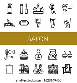 salon icon set. Collection of Lotion, Massage, Mascara, Mask, Hand mirror, Shaving cream, Hair dryer, Face cream, Mirror, Sauna, Skin oil, Essential oil, Aromatherapy, Tattoo studio icons