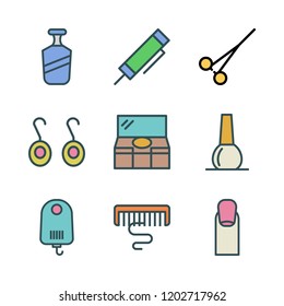 salon icon set. vector set about nail polish, highlighter, shampoo and comb icons set.