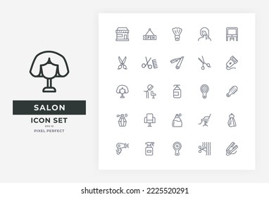 Salon icon set vector line version. Icon set of shampoo, hair styler, hair dryer, electric razor, razor, etc. Icon for barbershop and salon equipment.