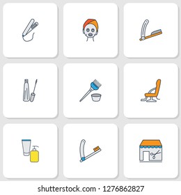 Salon icons colored line set with beauty product, styling iron, barbershop and other shaving elements. Isolated vector illustration salon icons.
