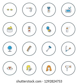 Salon icons colored line set with razor blade, shaving cream, hair dryer and other hairbrush elements. Isolated vector illustration salon icons.