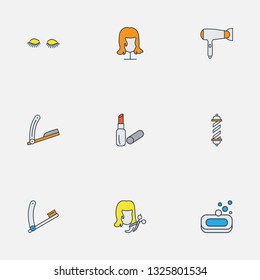 Salon icons colored line set with straight razor, barber pole, razor blade and other pomade elements. Isolated vector illustration salon icons.