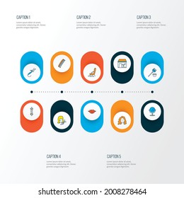 Iconos de salón coloridos conjuntos de líneas con silla de barbero, barbería, labios y otros elementos de cerda. Iconos aislados del salón de ilustraciones vectoriales.