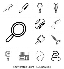 Salon icons. set of 13 editable outline salon icons such as comb, mirror, spa stones, barber scissors, beauty salon, spa mask, hair barrette
