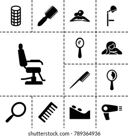 Salon icons. set of 13 editable filled salon icons such as comb, hair dryer, mirror, hair brush, barber chair, woman in spa