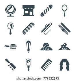 Salon icons. set of 16 editable filled salon icons such as comb, beauty salon, hair curler, woman in spa, mirror, hair brush, hairstyle, sawing