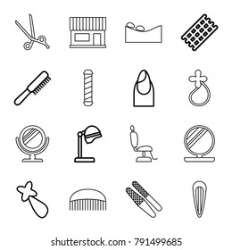 Salon icons. set of 16 editable outline salon icons such as comb, hair curler, nail, hair barrette, mirror, barber scissors, barber chair, powder, spa stone