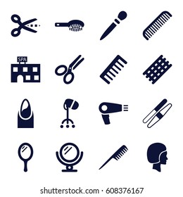 Salon icons set. set of 16 salon filled icons such as comb, mirror, hair dryer, hair brush, hair curler, nail, spa building, nail sawing, sawing, scissors