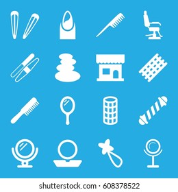 Salon icons set. set of 16 salon filled icons such as comb, mirror, beauty salon, barber chair, spa stones, hair curler, nail, powder, sawing