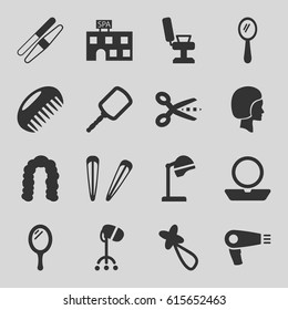 Salon icons set. set of 16 salon filled icons such as comb, mirror, hair dryer, salon hair dryer, barber chair, hairstyle, powder, spa building, sawing, hair barrette, face