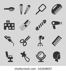 Salon icons set. set of 16 salon filled icons such as comb, mirror, hair dryer, hair brush, barber chair, spa building, sawing, scissors