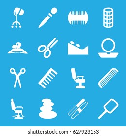 Salon icons set. set of 16 salon filled icons such as barber scissors, comb, mirror, barber chair, spa stones, powder, woman in spa, spa stone, hair curler, nail sawing