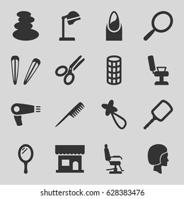 Salon icons set. set of 16 salon filled icons such as comb, mirror, hair dryer, barber chair, spa stones, nail, scissors