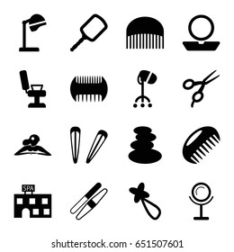 Salon icons set. set of 16 salon filled icons such as comb, barber scissors, salon hair dryer, mirror, barber chair, spa stones, powder, woman in spa, spa building, sawing