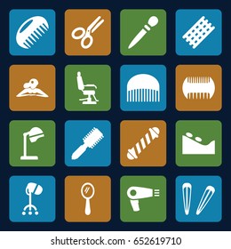 Salon icons set. set of 16 salon filled icons such as comb, hair dryer, hair brush, salon hair dryer, mirror, woman in spa, spa stone, nail sawing