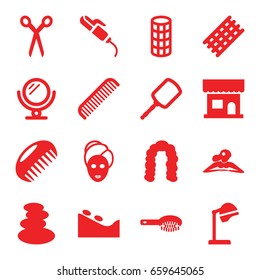 Salon icons set. set of 16 salon filled icons such as comb, barber scissors, mirror, hair brush, spa stones, hair curler, hairstyle