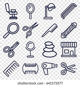 Salon icons set. set of 16 salon outline icons such as comb, mirror, hair dryer, barber scissors, barber chair, spa stones, hair curler