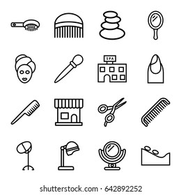 Salon icons set. set of 16 salon outline icons such as comb, mirror, hair brush, barber scissors, spa stones, nail, spa stone, nail sawing