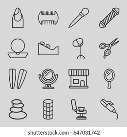 Salon icons set. set of 16 salon outline icons such as comb, mirror, barber scissors, beauty salon, barber chair, spa stones, hair curler, nail, powder, spa stone, nail sawing