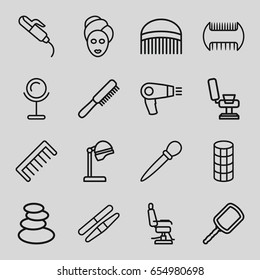 Salon icons set. set of 16 salon outline icons such as comb, hair dryer, salon hair dryer, mirror, barber chair, spa stones, spa mask, hair curler, nail sawing