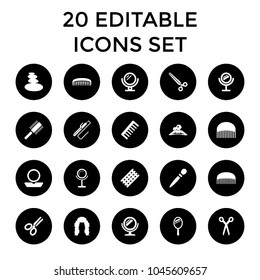 Salon icons. set of 20 editable filled salon icons such as barber scissors, mirror, comb, hair curler, powder, woman in spa. best quality salon elements in trendy style.